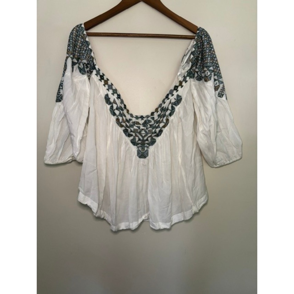 Free People Embroidered Off Shoulder Peasant Top White Green Boho Blouse Large
